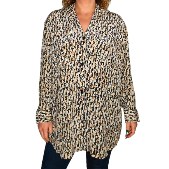 Ellen Tracy Silk Button-Up Long Sleeve Top Brown Black Size 4X - Picture 1 of 4